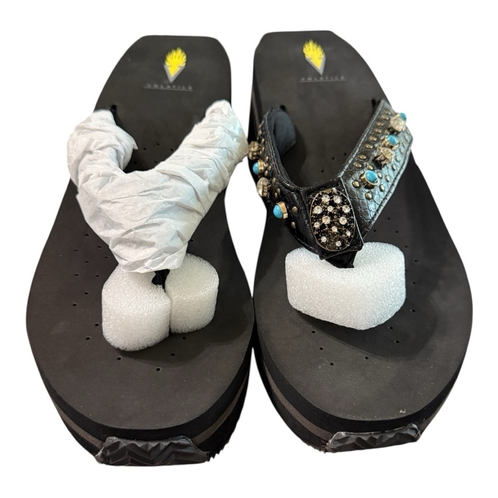 Volatile Gypsy Black Multi Rhinestone Wedge Flip-Flops - Picture 2 of 8